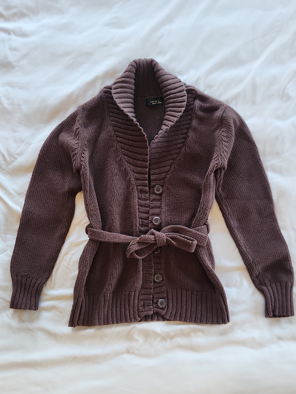 Shawl Collar Belted Cardigan Sweater in Brown